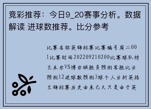 竞彩推荐:今日9_20赛事分析。数据解读 进球数推荐。比分参考